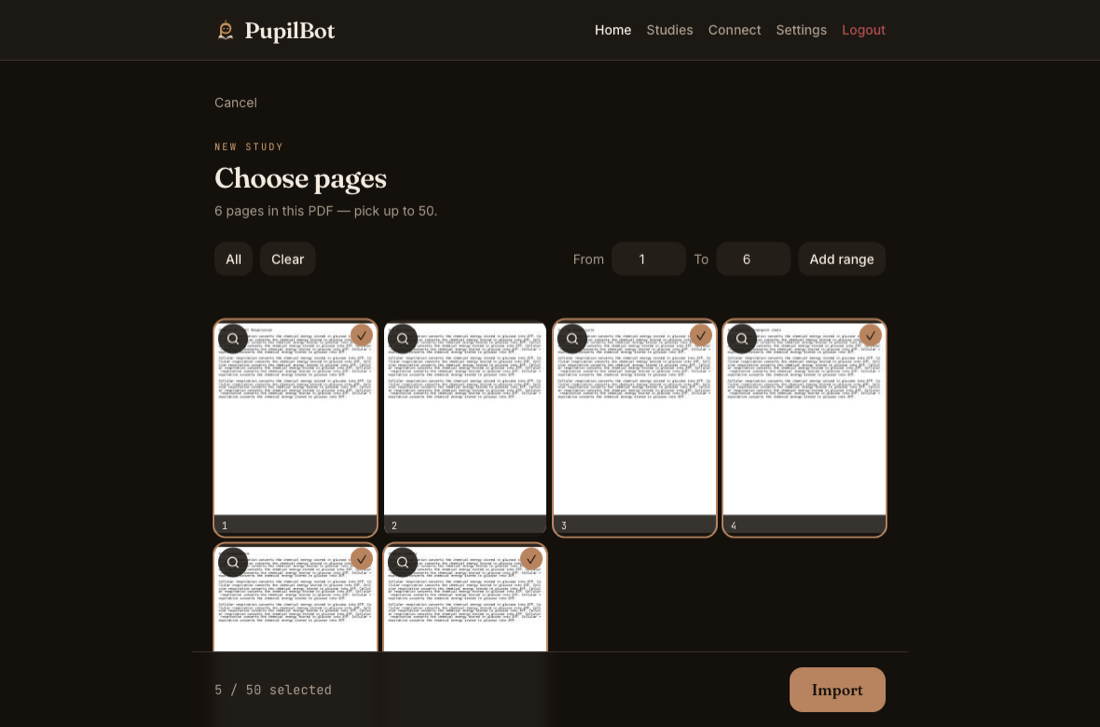 PupilBot's PDF page picker: the pages of an imported PDF shown as thumbnails, with several selected for one study