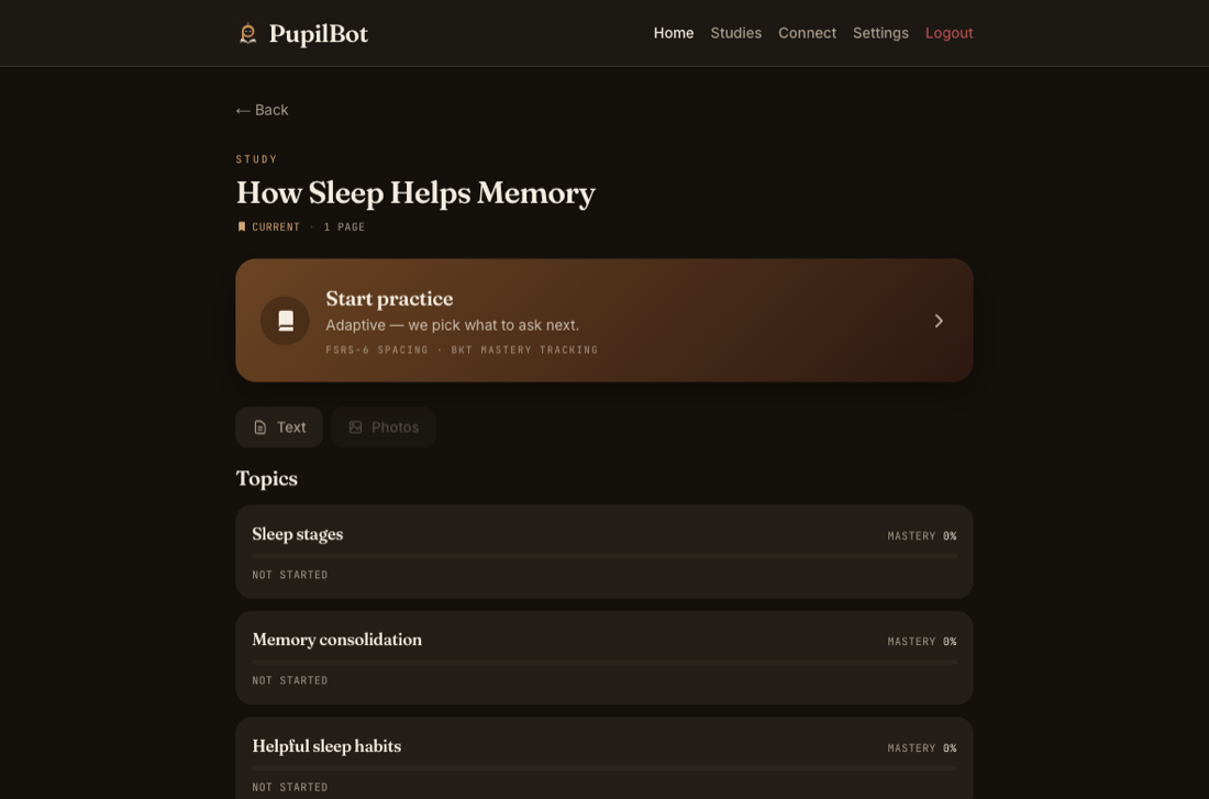 A study in PupilBot: the topics found in the material, each with a mastery bar, and a Practice button