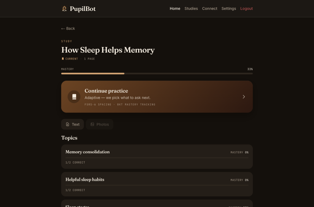PupilBot's mastery view: the topics of a study with a mastery percentage each